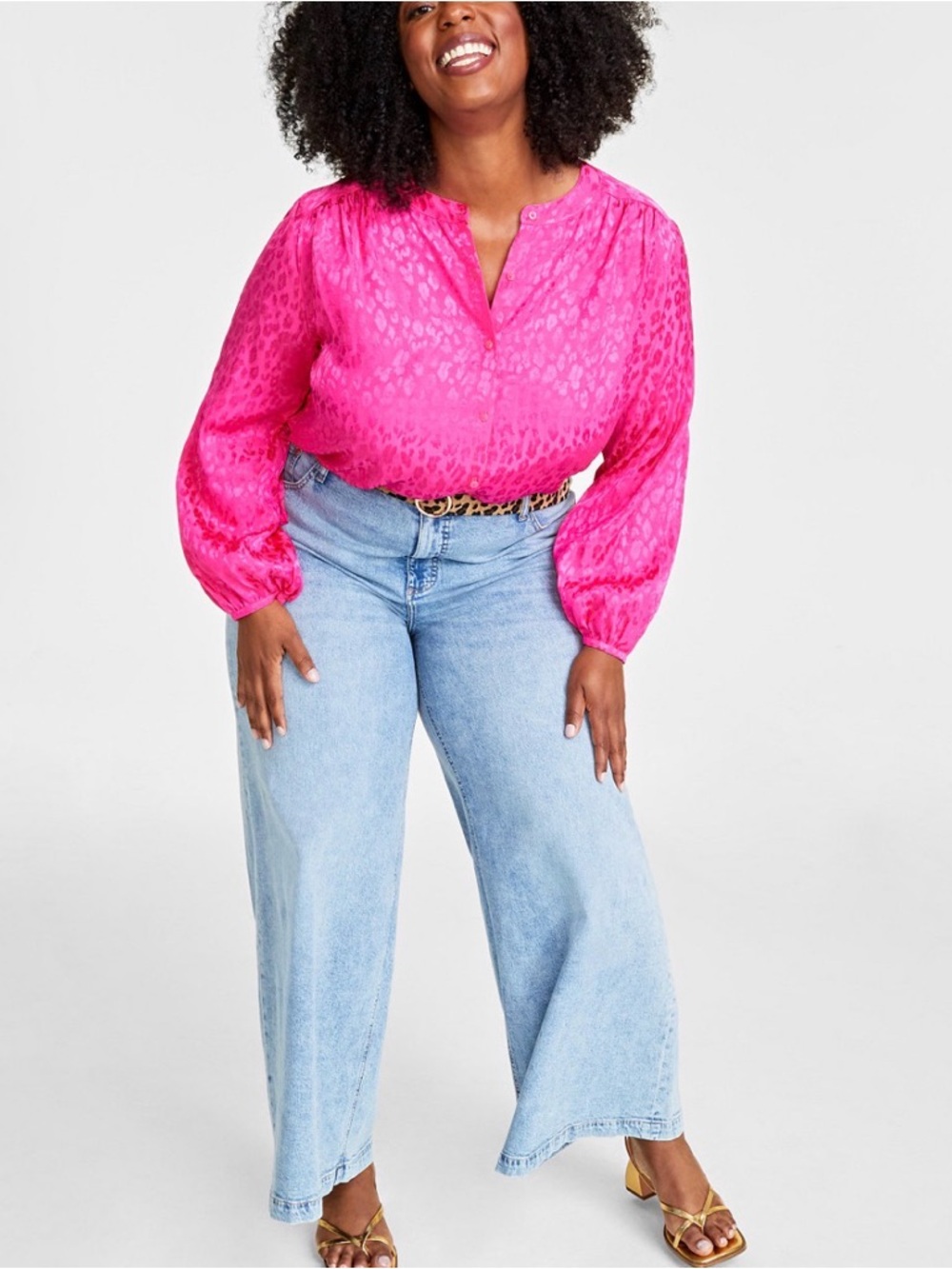 Plus Size Pink Satin Button-Down Blouse